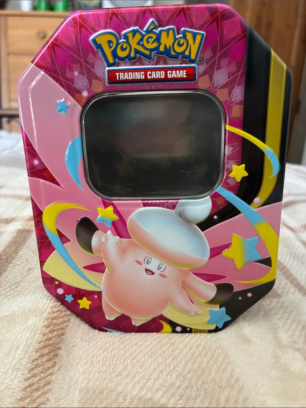 Pokemon Pink Yellow Blue Tin with Shroomish/Cleffa Artwork